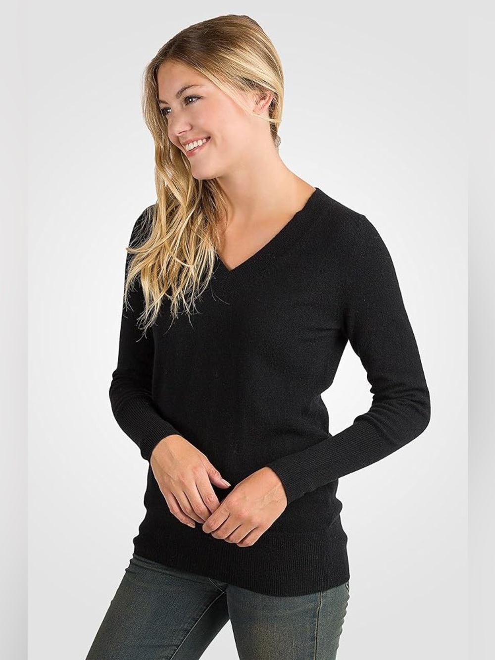 Jennie Liu 100% pure Cashmere Ava V-neck long sleeve pullover Black size Large